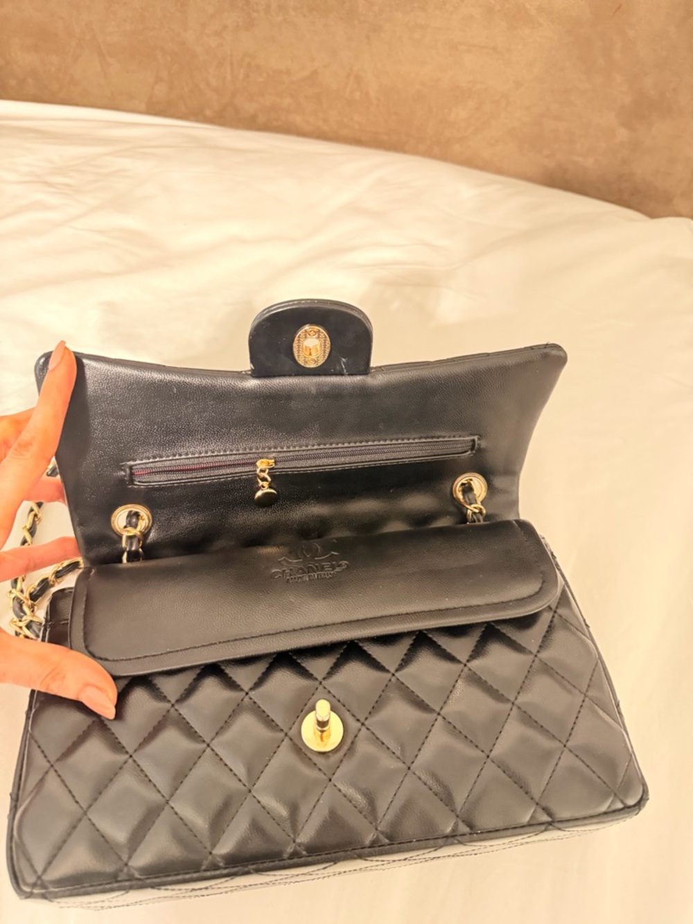 Black Quilted Shoulder Bag with Gold Chain - Picture 6 of 6